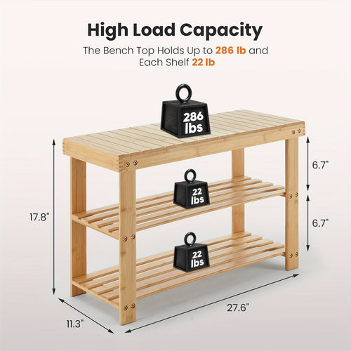 3-Tier Bamboo Shoe Rack Bench 286lb Capacity Compact Storage Organizer Wood Bench for Entryway Bedroom Living Room Balcony Brown & Black